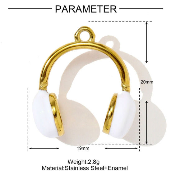 Picture of 1 Piece Eco-friendly PVD 304 Stainless Steel Sport Charms Wholesale 18K Gold Plated White Headphone Enamel 20mm x 19mm