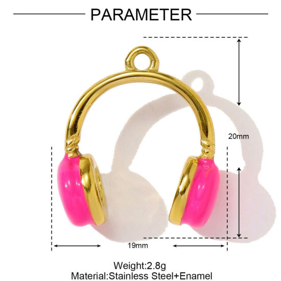 Picture of 1 Piece Eco-friendly PVD 304 Stainless Steel Sport Charms Wholesale 18K Gold Plated Fuchsia Headphone Enamel 20mm x 19mm