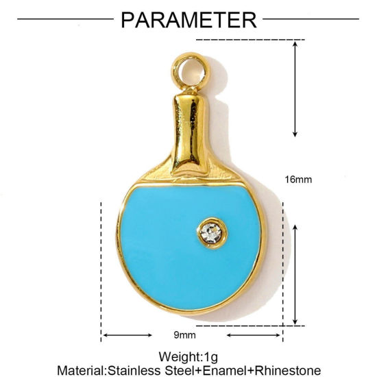 Picture of 1 Piece Eco-friendly PVD 304 Stainless Steel Sport Charms Wholesale 18K Gold Plated Blue Table Tennis Paddle Bat Enamel 16mm x 9mm