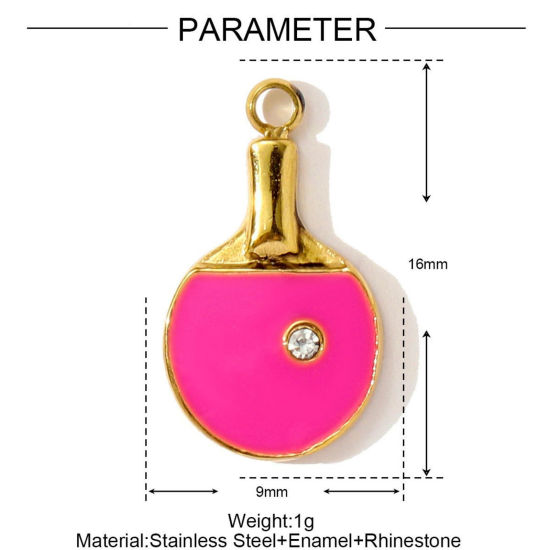 Picture of 1 Piece Eco-friendly PVD 304 Stainless Steel Sport Charms Wholesale 18K Gold Plated Fuchsia Table Tennis Paddle Bat Enamel 16mm x 9mm