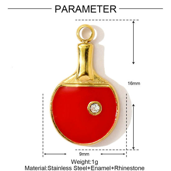 Picture of 1 Piece Eco-friendly PVD 304 Stainless Steel Sport Charms Wholesale 18K Gold Plated Red Table Tennis Paddle Bat Enamel 16mm x 9mm