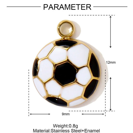 Picture of 1 Piece Eco-friendly PVD 304 Stainless Steel Sport Charms Wholesale 18K Gold Plated Black Football Enamel 12mm x 9mm