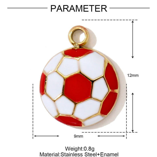 Picture of 1 Piece Eco-friendly PVD 304 Stainless Steel Sport Charms Wholesale 18K Gold Plated Red Football Enamel 12mm x 9mm