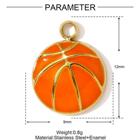 Picture of 1 Piece Eco-friendly PVD 304 Stainless Steel Sport Charms Wholesale 18K Gold Plated Orange Basketball Enamel 12mm x 9mm