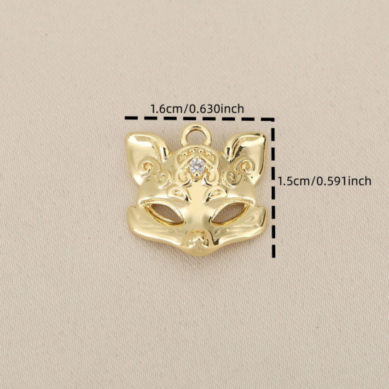 Picture of 2 PCs Eco-friendly Brass Charms Wholesale 18K Real Gold Plated Mask Fox Clear Cubic Zirconia 16mm x 15mm