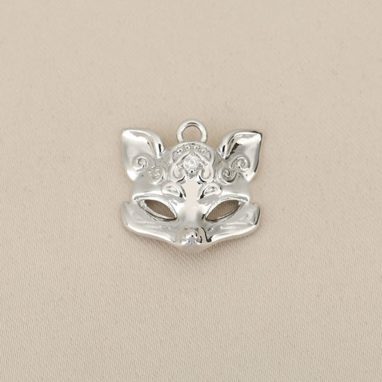 Picture of 2 PCs Eco-friendly Brass Charms Wholesale Real Platinum Plated Mask Fox Clear Cubic Zirconia 16mm x 15mm