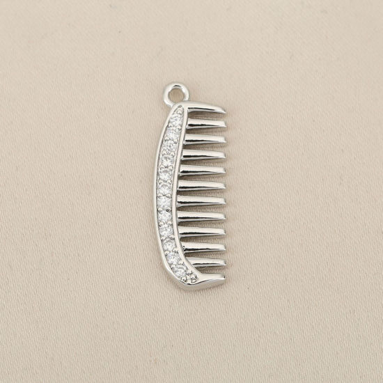 Image de 2 Pcs Breloques En Gros Respectueux de la Nature en Laiton Plaqué Platine Véritable Peigne 3D à Zircone Cubique Clair 26mm x 9mm