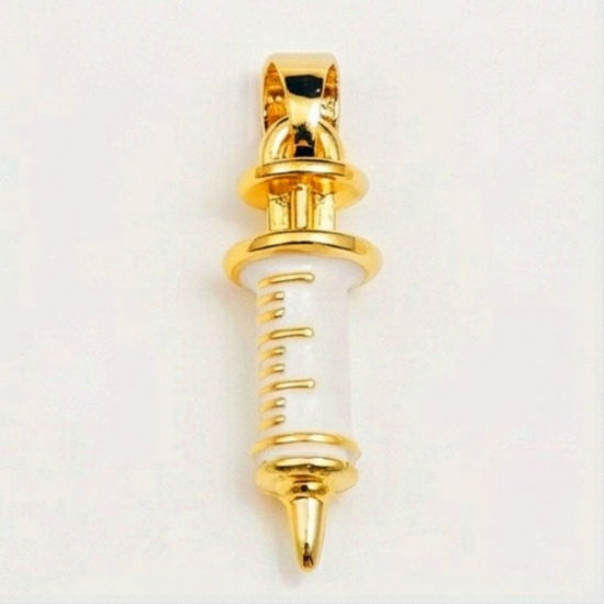 Bild von 2 Stück Messing Medizinisch Charm-Anhänger Großhandel 18K Vergoldet Weiß Spritze Emaille 21mm x 7mm