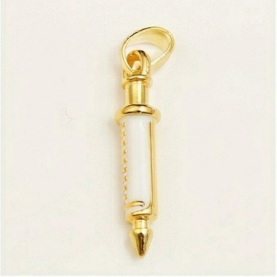 Bild von 2 Stück Messing Medizinisch Charm-Anhänger Großhandel 18K Vergoldet Weiß Spritze Emaille 21mm x 5mm