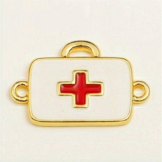Bild von 2 Stück Messing Medizinisch Steckverbinder Charms Anhänger Großhandel 18K Vergoldet Weiß & Rot Medizinische Box Emaille 22mm x 14mm