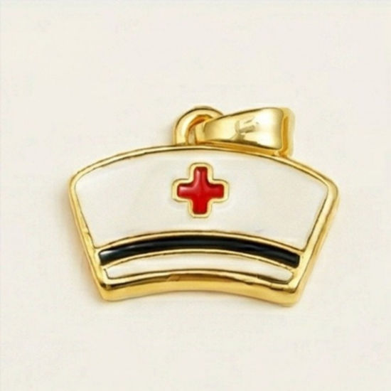 Bild von 2 Stück Messing Medizinisch Charm-Anhänger Großhandel 18K Vergoldet Bunt Krankenschwestermütze Emaille 17mm x 14mm
