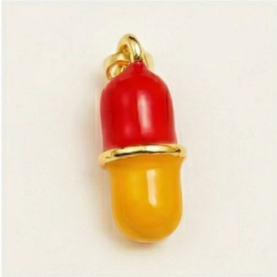 Bild von 2 Stück Messing Medizinisch Charm-Anhänger Großhandel 18K Vergoldet Rot & Gelb Pille Emaille 19mm x 17mm