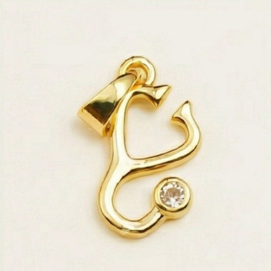 Bild von 2 Stück Messing Medizinisch Charm-Anhänger Großhandel 18K Vergoldet Stethoskop Klar Kubischer Zirkon 13mm x 10mm