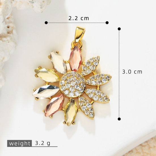 Bild von 2 Stück Messing Anhänger Großhandel 18K Vergoldet Blumen Klar Kubischer Zirkon 3cm x 2.2cm