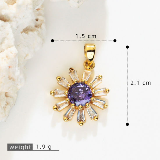 Bild von 2 Stück Messing Charm-Anhänger Großhandel 18K Vergoldet Blumen Amethyst Strassstein Klar Kubischer Zirkon 21mm x 5mm