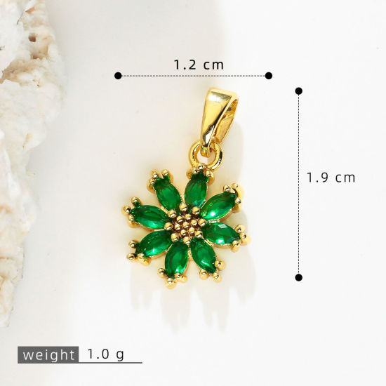Bild von 2 Stück Messing Charm-Anhänger Großhandel 18K Vergoldet Blumen Grün Strassstein 19mm x 12mm