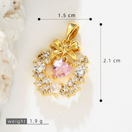 Bild von 2 Stück Messing Charm-Anhänger Großhandel 18K Vergoldet Kranz Rosa Strassstein Klar Kubischer Zirkon 21mm x 15mm