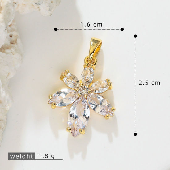 Bild von 2 Stück Messing Charm-Anhänger Großhandel 18K Vergoldet Blumen Klar Kubischer Zirkon 25mm x 16mm