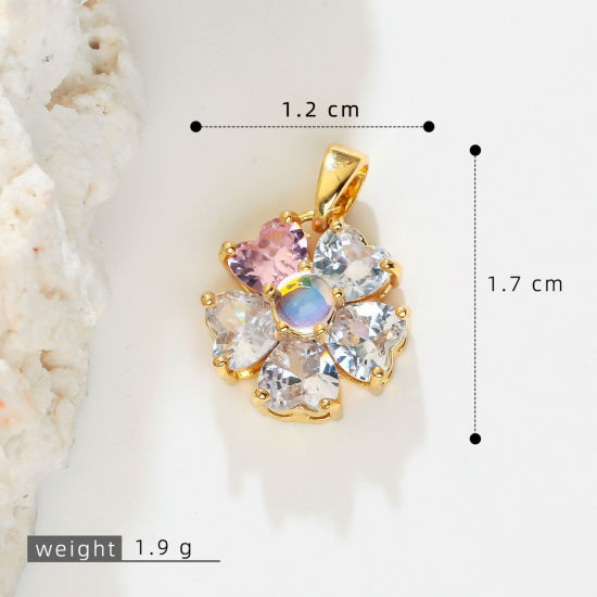 Bild von 2 Stück Messing Charm-Anhänger Großhandel 18K Vergoldet Blumen Rosa Strassstein Klar Kubischer Zirkon 17mm x 12mm