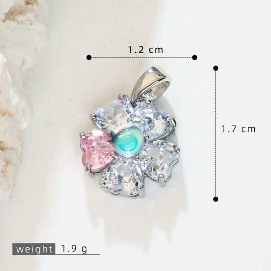 Bild von 2 Stück Messing Charm-Anhänger Großhandel Platin Plattiert Blumen Rosa Strassstein Klar Kubischer Zirkon 17mm x 12mm