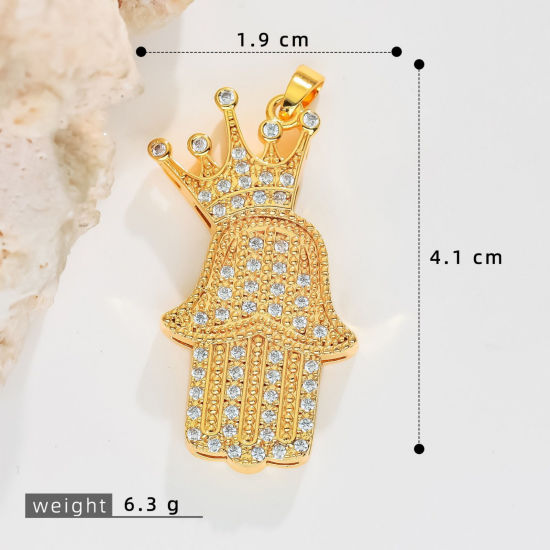 Image de 2 Pcs Pendentifs En Gros Religieux en Laiton Plaqué Or 18K Khamsa Symbole Paume Couronnes Micro Pave à Zircone Cubique Clair 4.1cm x 1.9cm