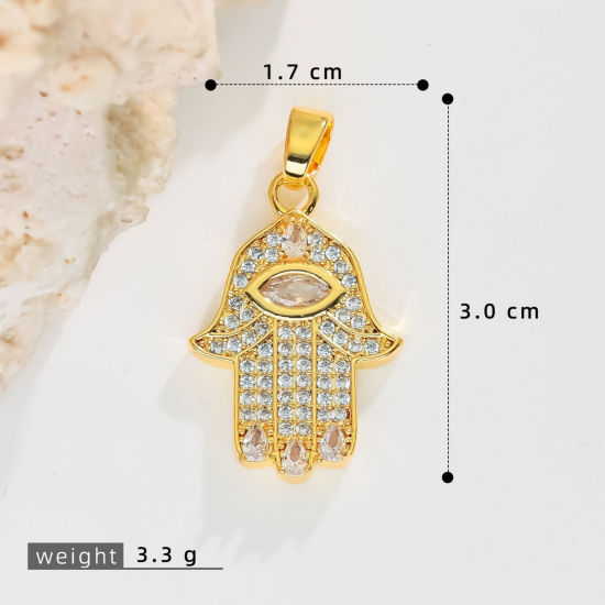 Image de 2 Pcs Pendentifs En Gros Religieux en Laiton Plaqué Or 18K Khamsa Symbole Paume Micro Pave à Zircone Cubique Clair 3cm x 1.7cm