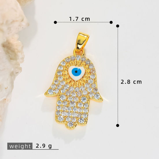 Image de 2 Pcs Pendentif Breloque En Gros Religieux en Laiton Plaqué Or 18K Blanc & Bleu Khamsa Symbole Paume Œil Mauvais Micro Pave à Zircone Cubique Clair 28mm x 17mm