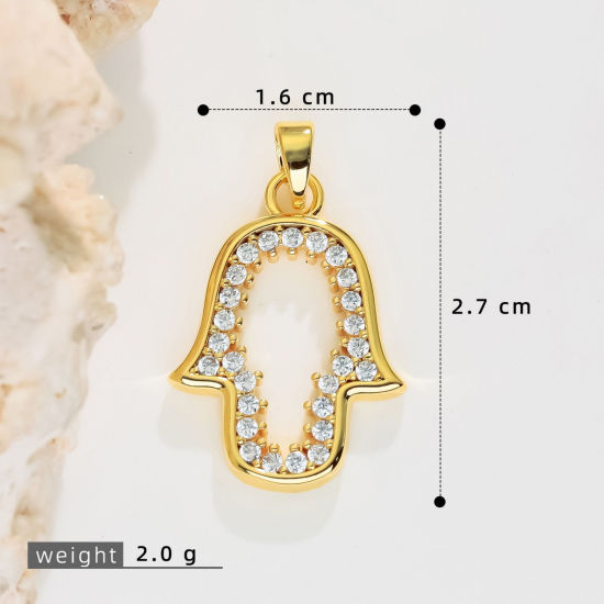 Image de 2 Pcs Pendentif Breloque En Gros Religieux en Laiton Plaqué Or 18K Khamsa Symbole Paume Micro Pave à Zircone Cubique Clair 27mm x 16mm