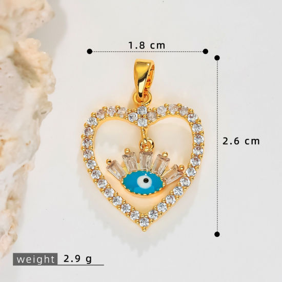 Image de 2 Pcs Pendentif Breloque En Gros Religieux en Laiton Plaqué Or 18K Blanc & Bleu Khamsa Symbole Paume Œil Mauvais Micro Pave à Zircone Cubique Clair 26mm x 18mm