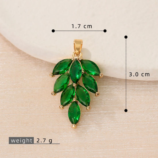 Bild von 2 Stück Messing Anhänger Großhandel 18K Vergoldet Blätter Grün Strassstein 3cm x 1.7cm