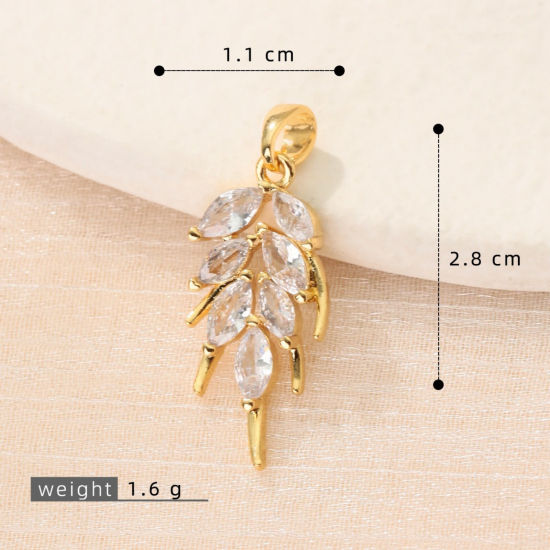 Bild von 2 Stück Messing Charm-Anhänger Großhandel 18K Vergoldet Blätter Klar Kubischer Zirkon 28mm x 16mm