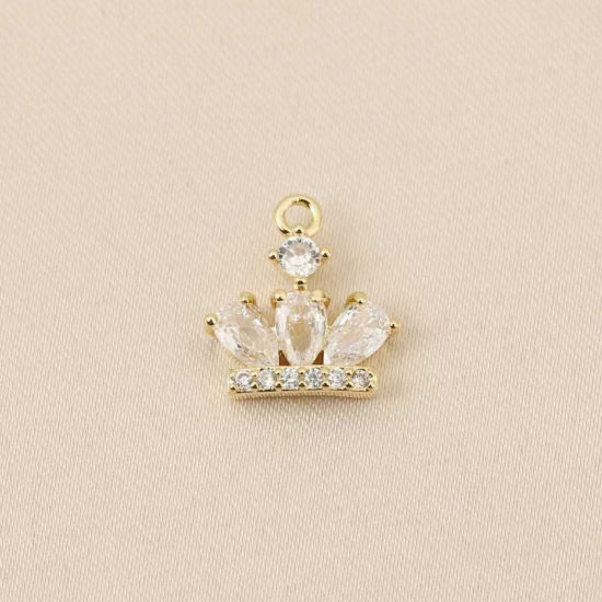 Изображение 2 ШТ Экологичный Латунь одежда Подвески Оптовая 18K настоящее золото с покрытием Корона Мини Прозрачный Искусственный Циркон 12мм x 11.5мм