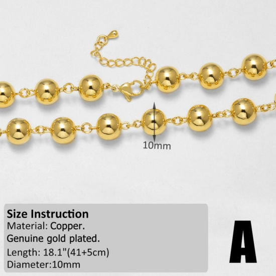 Immagine di 1 Pz Ottone Catena di Perline Collana All'Ingrosso Placcato Oro 18K 41cm + 5cm Lunghezza, Dimensione Catena: 10mm