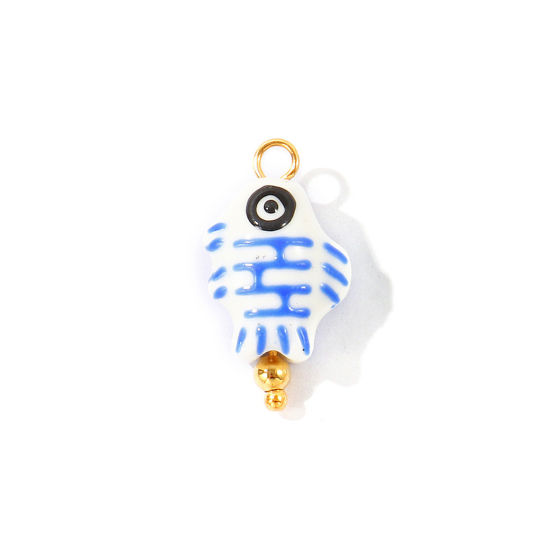 Imagen de 2 Unidades Respetuoso del Medio Ambiente 304 Acero Inoxidable & Cerámica Joyería del océano Colgantes Al Por Mayor Chapado en Oro de 18K Azul Pez 3D 23mm x 12mm