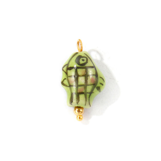 Imagen de 2 Unidades Respetuoso del Medio Ambiente 304 Acero Inoxidable & Cerámica Joyería del océano Colgantes Al Por Mayor Chapado en Oro de 18K Verde Pez 3D 23mm x 12mm