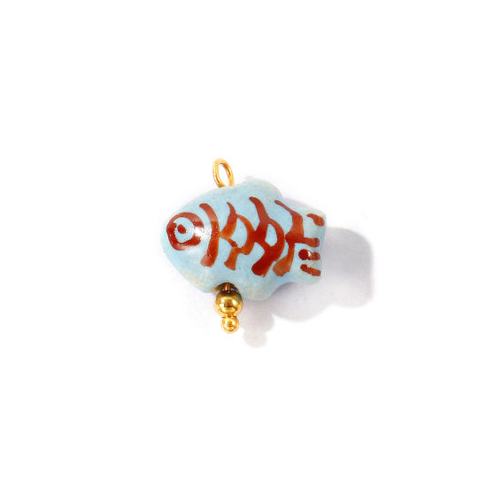 Imagen de 2 Unidades Respetuoso del Medio Ambiente 304 Acero Inoxidable & Cerámica Joyería del océano Colgantes Al Por Mayor Chapado en Oro de 18K Azul Pez 3D 20mm x 19mm