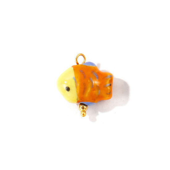 Imagen de 2 Unidades Respetuoso del Medio Ambiente 304 Acero Inoxidable & Cerámica Joyería del océano Colgantes Al Por Mayor Chapado en Oro de 18K Naranja Pez 3D 20mm x 19mm