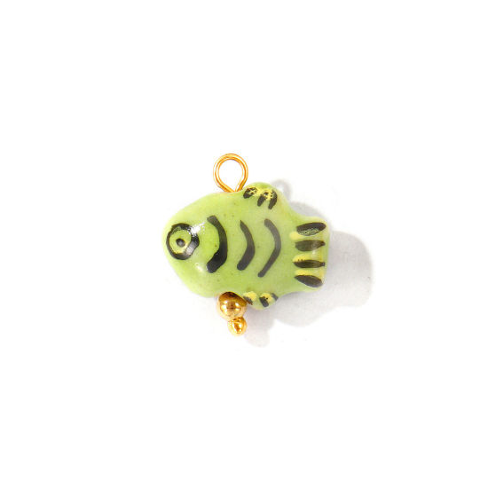 Imagen de 2 Unidades Respetuoso del Medio Ambiente 304 Acero Inoxidable & Cerámica Joyería del océano Colgantes Al Por Mayor Chapado en Oro de 18K Verde Pez 3D 20mm x 19mm