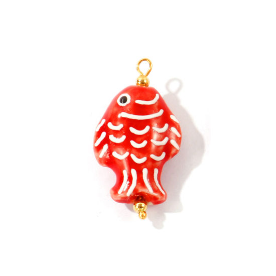 Imagen de 2 Unidades Respetuoso del Medio Ambiente 304 Acero Inoxidable & Cerámica Joyería del océano Colgantes Al Por Mayor Chapado en Oro de 18K Rojo Esmalte Pez 3D 3.6cm x 2cm