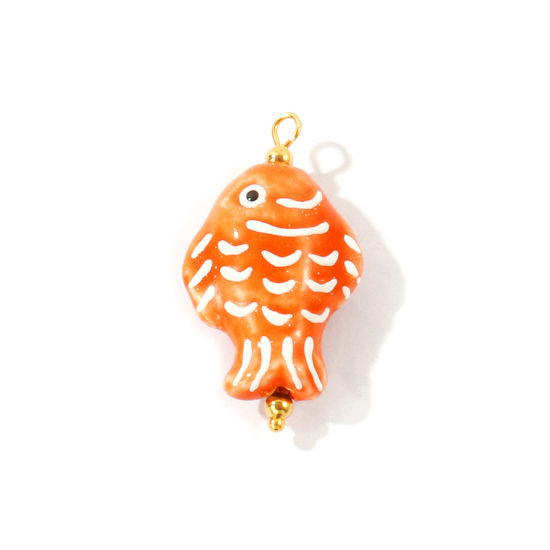 Imagen de 2 Unidades Respetuoso del Medio Ambiente 304 Acero Inoxidable & Cerámica Joyería del océano Colgantes Al Por Mayor Chapado en Oro de 18K Naranja Esmalte Pez 3D 3.6cm x 2cm