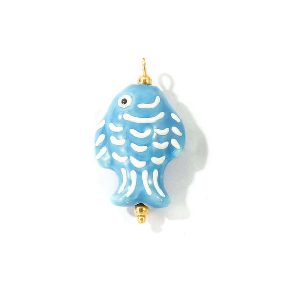 Imagen de 2 Unidades Respetuoso del Medio Ambiente 304 Acero Inoxidable & Cerámica Joyería del océano Colgantes Al Por Mayor Chapado en Oro de 18K Azul Esmalte Pez 3D 3.6cm x 2cm