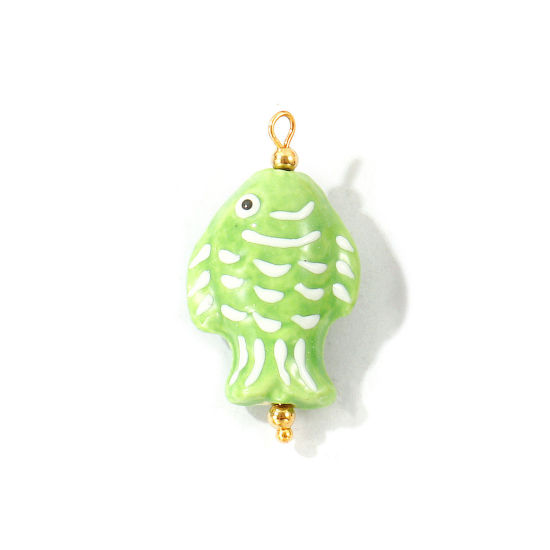 Imagen de 2 Unidades Respetuoso del Medio Ambiente 304 Acero Inoxidable & Cerámica Joyería del océano Colgantes Al Por Mayor Chapado en Oro de 18K Verde Esmalte Pez 3D 3.6cm x 2cm