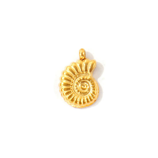Picture of 2 PCs Eco-friendly PVD 304 Stainless Steel Ocean Jewelry Charms Wholesale 18K Gold Plated Conch/ Sea Snail Mini 10mm x 7mm