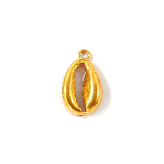 Picture of 2 PCs Eco-friendly PVD 304 Stainless Steel Ocean Jewelry Charms Wholesale 18K Gold Plated Shell Cowrie Monetaria Caputserpentis 14mm x 9mm