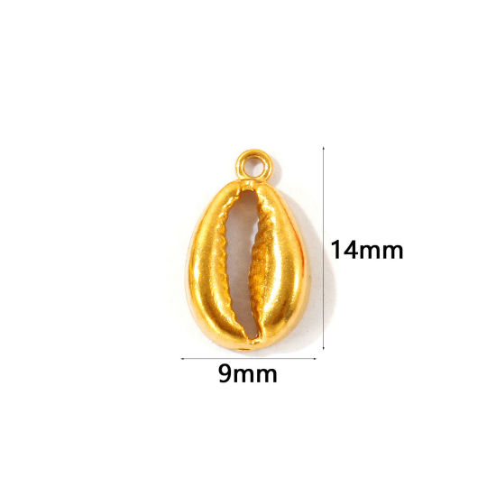 Picture of 2 PCs Eco-friendly PVD 304 Stainless Steel Ocean Jewelry Charms Wholesale 18K Gold Plated Shell Cowrie Monetaria Caputserpentis 14mm x 9mm