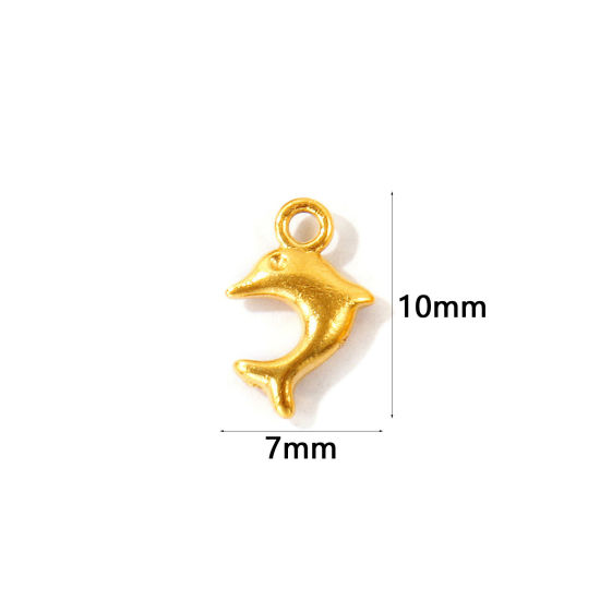 Picture of 2 PCs Eco-friendly PVD 304 Stainless Steel Ocean Jewelry Charms Wholesale 18K Gold Plated Dolphin Animal Mini 10mm x 7mm