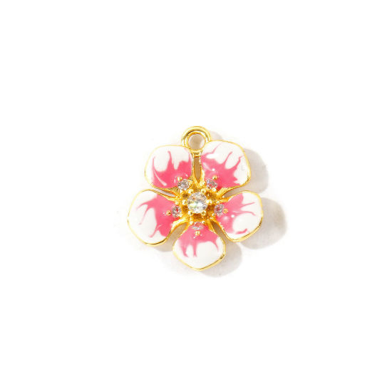 Immagine di 2 Pz Ottone Ciondoli All'Ingrosso Placcato Oro 18K Rosa Smalto Fiore Trasparente Cubic Zirconiae 16mm x 15mm