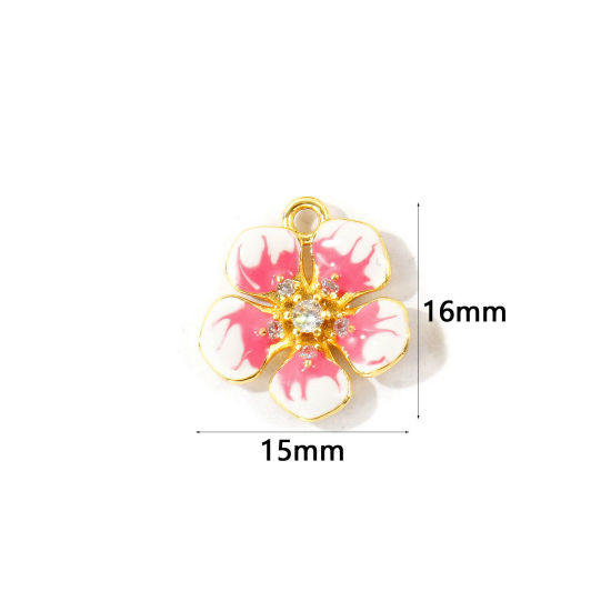 Immagine di 2 Pz Ottone Ciondoli All'Ingrosso Placcato Oro 18K Rosa Smalto Fiore Trasparente Cubic Zirconiae 16mm x 15mm