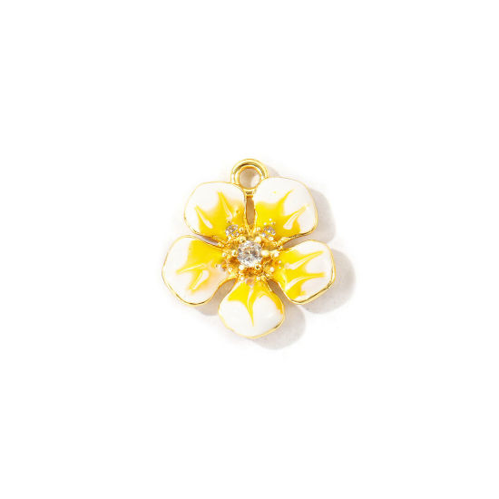 Immagine di 2 Pz Ottone Ciondoli All'Ingrosso Placcato Oro 18K Giallo Smalto Fiore Trasparente Cubic Zirconiae 16mm x 15mm