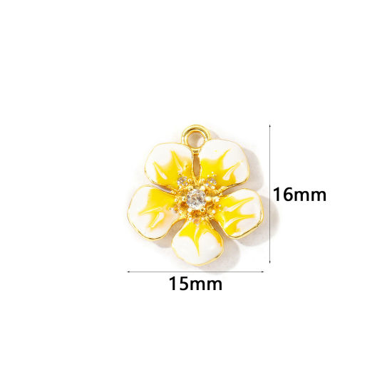 Immagine di 2 Pz Ottone Ciondoli All'Ingrosso Placcato Oro 18K Giallo Smalto Fiore Trasparente Cubic Zirconiae 16mm x 15mm
